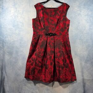 Jessica Howard Red Black Floral Jacquard Fit Flare Cocktail Dres Beaded Waist 16